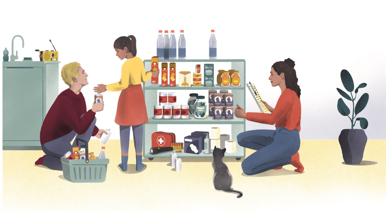 Illustration einer Familie, die Vorräte wie Nahrungsmittel, Medikamente und Hygiene-Artikel vorbereitet.